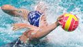 Russia’s Vladislava Nechaeva (C) is hit by the Netherlands' Bente Rogge (R) during their women's water polo quarter-final match at the 2026 World Aquatics Water Polo World Cup Finals at the Sydney Aquatic Centre in Sydney on July 22, 2026.  
DAVID GRAY / AFP