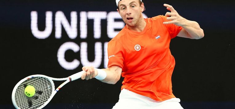 Netherlands' Tallon Griekspoor hits a return to Poland's Hubert Hurkacz during their men's singles match at the United Cup tennis tournament in Sydney on January 7, 2026. 
Izhar KHAN / AFP