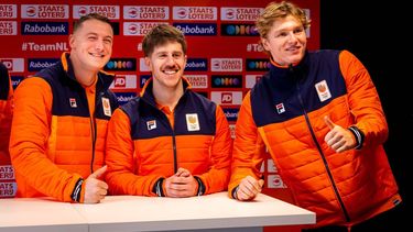 ARNHEM - Janko Franjic, Stephan Huis in ’t Veld en Timme Koster tijdens de teampresentatie van het bobsleeteam. Zowel de twee- als de viermansbob mag deelnemen aan de Olympische Winterspelen van Milaan Cortina. IRIS VAN DEN BROEK / ANP