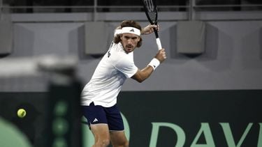 epa12374545 Stefanos Tsitsipas of Greece in action against Thiago Seyboth Wild (not pictured) during the Davis Cup World Group 1 match between Greece and Brazil in Athens, Greece, 13 September 2025.  EPA/YANNIS KOLESIDIS