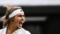 2023-07-08 22:10:21 Germany's Alexander Zverev reacts as he plays against Italy's Matteo Berrettini during their men's singles tennis match on the sixth day of the 2023 Wimbledon Championships at The All England Tennis Club in Wimbledon, southwest London, on July 8, 2023.  
SEBASTIEN BOZON / AFP