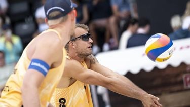 epa12219879 Netherlands's Yorick De Groot, right, and Netherlands's Stefan Boermans, left, in action against Brazil's George Souto Maior Wanderley and Brazil's Andre Loyola Stein, during the Volleyball World Beach Pro Tour Elite16 men's third place Final match, in Gstaad, Switzerland, 06 July 2025.  EPA/ANTHONY ANEX