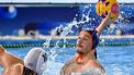 epa12025627 Vendel Vigvari (L) of Hungary in action against Benjamin Hessels of the Netherlands during the quarterfinal match between Hungary and Netherlands at the Men's Water Polo World Cup 2025 Final in Podgorica, Montenegro, 11 April 2025.  EPA/Boglarka Bodnar HUNGARY OUT