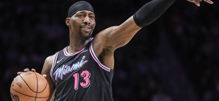 epa12767530 Miami Heat center Bam Adebayo gestures during the NBA basketball game between the Miami Heat and Memphis Grizzlies at the Kaseya Center in Miami, Florida, USA, 21 February 2026.  EPA/CRISTOBAL HERRERA-ULASHKEVICH  SHUTTERSTOCK OUT