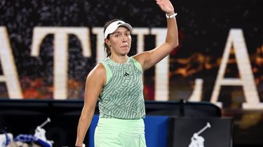 USA's Jessica Pegula celebrates after victory against Canada's Rebecca Marino in their women's singles match on day three of the Australian Open tennis tournament in Melbourne on January 16, 2024. 
David GRAY / AFP