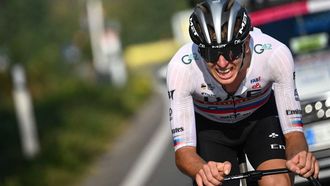 2023-10-07 16:24:08 Team UAE Emirates' Slovenian rider Tadej Pogacar grimaces as he leads the race during the 117th edition of the Giro di Lombardia (Tour of Lombardy), a 238km cycling race from Como to Bergamo on October 7, 2023. 
Marco BERTORELLO / AFP