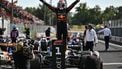 Red Bull Racing's Dutch driver Max Verstappen celebrates after winning the Italian Formula One Grand Prix at the Autodromo Nazionale Monza circuit, in Monza, northern Italy, on September 7, 2025. 
Marco BERTORELLO / AFP