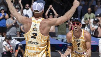 epa13089079 Netherland's Stefan Boermans, right, and Alexander Brouwer celebrate their victory against USA's Trevor Crabb and Chase Budinger during the Volleyball World Beach Pro Tour Elite16 men's gold medal match, in Gstaad, Switzerland, on Sunday, July 5, 2026.  EPA/PETER SCHNEIDER