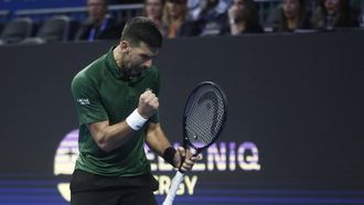 epa12510844 Novak Djokovic of Serbia reacts as he plays against Yannick Hanfmann of Germany (not pictured) during their men's semi-finals match of the ATP Hellenic Championship tennis tournament, in Athens, Greece, 07 November 2025.  EPA/YANNIS KOLESIDIS