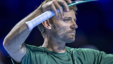 epa12469992 Belgium's David Goffin reacts during the singles first round match against Croatia's Marin Cilic at the Swiss Indoors tennis tournament in Basel, Switzerland, 21 October 2025.  EPA/GEORGIOS KEFALAS