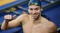 Leon Marchand of France smiles after winning the men's 400m individual medley final during the World Aquatics Swimming World Cup 2024 - Stop 2 at the Munhak Park Tae-hwan Aquatics Centre in Incheon on October 26, 2024. 
ANTHONY WALLACE / AFP