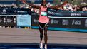 Kenya’s Peres Jepchirchir celebrates as she crosses the finish line to win the Women’s section of the 2026 Sydney Marathon in Sydney on August 30, 2026.  
DAVID GRAY / AFP