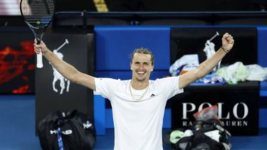 epa11095673 Alexander Zverev of Germany celebrates winning his Men's 4th round match against Cameron Norrie of Britain at the Australian Open tennis tournament in Melbourne, Australia, 22 January 2024.  EPA/MAST IRHAM