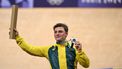 Silver medallist Australia's Matthew Richardson poses  on the podium of the men's track cycling sprint event of the Paris 2024 Olympic Games at the Saint-Quentin-en-Yvelines National Velodrome in Montigny-le-Bretonneux, south-west of Paris, on August 9, 2024. 
SEBASTIEN BOZON / AFP