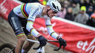 Dutch Mathieu Van Der Poel competes in the stage 6 (out of 12) of the UCI World Cup Men's Elite race at the World Cup cyclocross cycling event in Zonhoven on December 22, 2024.
 
JASPER JACOBS / Belga / AFP