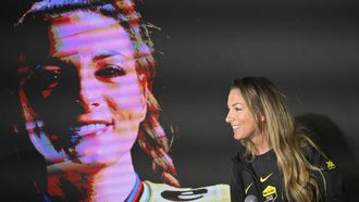 Visma-Lease a bike's French rider Pauline Ferrand-Prevot attends a press conference during the presentation of the Visma-Lease a Bike cycling team at La Nucia near Alicante, eastern Spain on January 13, 2026. 
Jose Jordan / AFP
