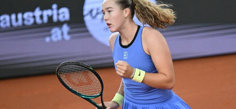 Mirra Andreeva reacts as she plays against Austria's Anastasia Potapova (not pictured) during their women's single final match of the WTA Upper Austria Women's Linz tennis tournament in Linz, Austria on April 12, 2026. 
BARBARA GINDL / APA / AFP