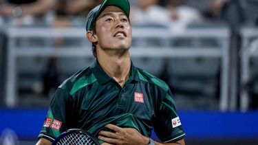 epa10772539 Kei Nishikori of Japan reacts against Juncheng Shang of China during their men's singles round of 16 match of the Atlanta Open tennis tournament, in Atlanta, Georgia, USA, 27 July 2023.  EPA/ERIK S. LESSER