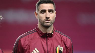 Belgium's goalkeeper #01 Koen Casteels listens to their national anthem prior to the UEFA Nations League football match League A, Group A2, Day 1, Belgium v Israel in Debrecen, Hungary, on September 6, 2024. 
Attila KISBENEDEK / AFP
