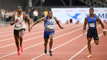 2023-09-02 13:35:20 USA's Christian Coleman (C) wins the men's 100m event ahead of USA's Fred Kerley (L) and Jamaica's Yohan Blake (R) during the Diamond League athletics meeting in Xiamen, in China’s eastern Fujian province on September 2, 2023. 
GREG BAKER / AFP