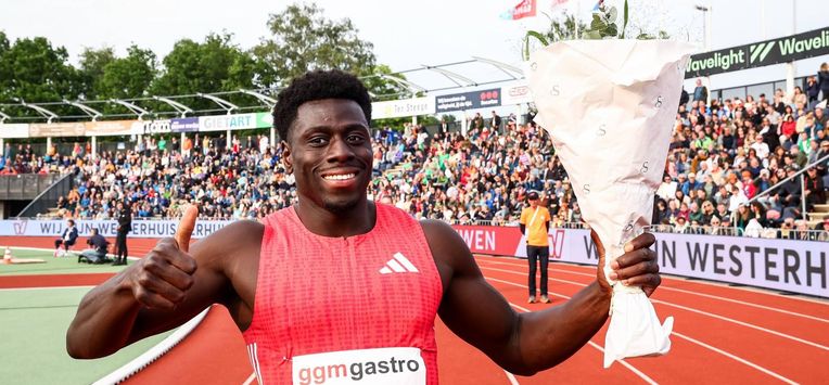 HENGELO - Elvis Afrifa (NED) in actie op het onderdeel 100 meter voor mannen tijdens de 44e editie van de FBK Games. ANP VINCENT JANNINK