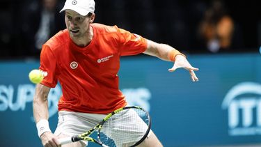 epa11596532 Botic Van de Zandschulp of the Netherlands in action against Raphael Collignon of Belgium during the Davis Cup finals group A match between the Netherlands and Belgium at Unipol Arena in Casalecchio, Bologna, Italy, 10 September 2024.  EPA/ELISABETTA BARACCHI