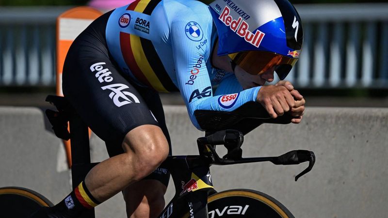 Belgium's Remco Evenepoel competes in the Men's Elite individual time trial during 2026 Union Cycliste Internationale (UCI) Road World Championships in Montreal, Quebec, on September 20, 2026. 
Andrej Ivanov / AFP