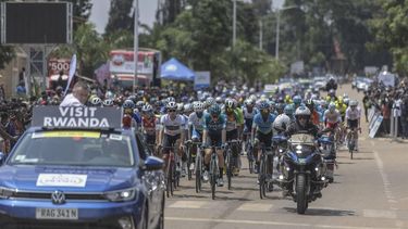 The pack rides at the start line of the third stage of the 16th Tour du Rwanda in Huye on February 20, 2024.   
Guillem Sartorio / AFP