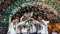 Team Italy celebrate with their trophy after winning the Davis Cup Finals at the Palacio de Deportes Jose Maria Martin Carpena arena in Malaga, southern Spain, on November 24, 2024. 
JORGE GUERRERO / AFP