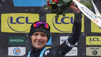 Tudor Pro Cycling Team's Australian rider Michael Storer celebrates on the podium after winning the 7th stage of the Paris-Nice cycling race, 109,3 km between Nice and Auron, on March 15, 2025. 
Anne-Christine POUJOULAT / AFP