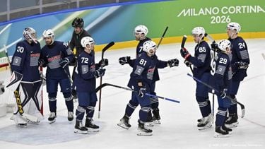 France's players react after the men's qualification play-off ice hockey match between Germany and France at the Milano Santagiulia Ice Hockey Arena during the Milano Cortina 2026 Winter Olympic Games in Milan, on February 17, 2026. Germany won the match 5-1.
Alexander NEMENOV / AFP