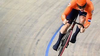Netherlands' Harrie Lavreysen competes in heat 1 of the second round of the Men's Keirin race during the fifth day of the UEC European Track Cycling Championships at the Omnisport indoor arena in Apeldoorn, on January 14, 2024. 
JOHN THYS / AFP