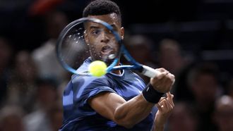 epa11690436 Giovanni Mpetshi Perricard of France in action during his first round match against Frances Tiafoe of US at the Rolex Paris Masters tennis tournament in Paris, France, 29 October 2024.  EPA/YOAN VALAT