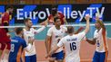 epa10842321 Players of Netherlands react during the EuroVolley Men 2023 pool C match between North Macedonia and Netherlands in Skopje, North Macedonia, 05 September 2023.  EPA/GEORGI LICOVSKI