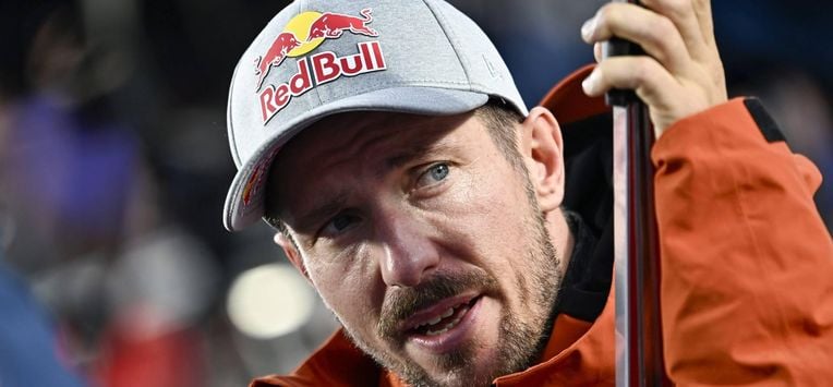 epa11686761 Marcel Hirscher of the Netherlands reacts in the finish area during the second run of the Men's Giant Slalom race of the FIS Alpine Skiing World Cup season opener on the Rettenbach glacier, in Soelden, Austria, 27 October 2024.  EPA/JEAN-CHRISTOPHE BOTT