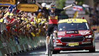 epa12249660 Belgian rider Tim Wellens of UAE Team Emirates celebrates his victory during the 15th stage of the Tour de France cycling race over 169.3km from Muret to Carcassonne, France, 20 July 2025.  EPA/MARTIN DIVISEK