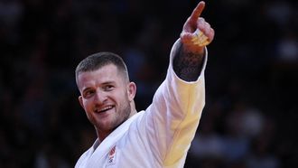 Netherland's Korrel Michael reacts after winning against UAE's Dzhafar Kostoev during the final of the men's -100kg category at the Paris Grand Slam judo tournament in Paris on February 5, 2023. 
Anne-Christine POUJOULAT / AFP
