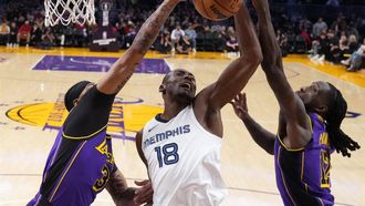 epa11060122 Memphis Grizzlies center Bismack Biyombo (C) fights for the ball against Los Angeles Lakers forwards Anthony Davis (L) and Taurean Prince during the first half of the NBA basketball game between the Memphis Grizzlies and Los Angeles Lakers in Los Angeles, California, USA, 05 January 2024.  EPA/ALLISON DINNER SHUTTERSTOCK OUT