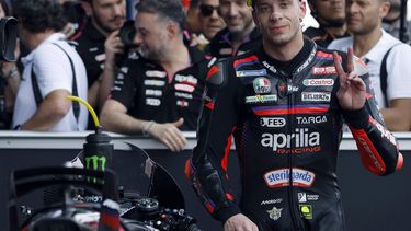 epa12782882 Italian MotoGP rider Marco Bezzecchi of Aprilia Racing celebrates after finishing in first position during a qualifying session for the Motorcycling Grand Prix of Thailand at Chang International Circuit, Buriram province, Thailand, 28 February 2026.  EPA/RUNGROJ YONGRIT
