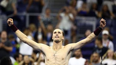 Germany's Alexander Zverev celebrates after victory during the men's singles second round tennis match against France's Quentin Halys on day five of the US Open tennis tournament at the USTA Billie Jean King National Tennis Center in New York City on September 3, 2026. 
CHARLY TRIBALLEAU / AFP