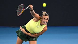 epa12641794 Aryna Sabalenka of Belarus in action against Marta Kostyuk of Ukraine during the Women’s Singles final at the Brisbane International tennis tournament at Pat Rafter Arena in Brisbane, Australia, 11 January 2026.  EPA/DAVE HUNT EDITORIAL USE ONLY / AUSTRALIA AND NEW ZEALAND OUT