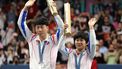 epa11509036 Silver medalists Ri Jong Sik and Km Kum Yong of North Korea celebrate after the Mixed Doubles of the Table Tennis competitions in the Paris 2024 Olympic Games, at The South Paris Arena in Paris, France, 30 July 2024.  EPA/TERESA SUAREZ