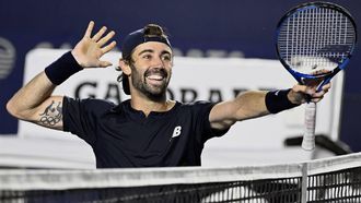 Australia's Jordan Thompson his win against Norway's Casper Ruud in the men's singles final of the ATP 250 Mexico Open tennis event at the Cabo Sports Complex in Los Cabos, Mexico on February 24, 2024.  
ALFREDO ESTRELLA / AFP