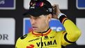 Team Visma-Lease a Bike's Belgian rider Wout van Aert reacts on the podium of the men's elite race 'Dwars Door Vlaanderen', 184,2 km from Roeselare to Waregem, on April 2, 2025. 
JASPER JACOBS / Belga / AFP
