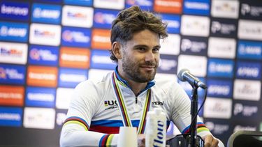 Italy's Filippo Ganna looks on during a press conference after winning the mixed relay team time trial at the 2026 Union Cycliste Internationale (UCI) Road World Championships in Montreal, Quebec, on September 22, 2026. 
ANDREJ IVANOV / AFP