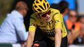 2023-07-09 18:09:06 epa10736412 Yellow Jersey overall leader Danish rider Jonas Vingegaard of team Jumbo-Visma reacts as he crosses the finish line of the 9th stage of the Tour de France 2023, a 184kms race from Saint-Leonard-de-Noblat to Puy de Dome, France, 09 July 2023.  EPA/MARTIN DIVISEK