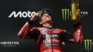 Team Ducati Lenovo Team's Marc Marquez celebrates on the podium after winning the MotoGP Grand Prix of Czechia in Brno, Czech Republic, on June 21, 2026.  
Michal Cizek / AFP