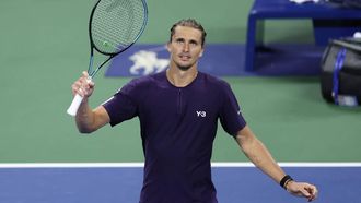 Germany’s Alexander Zverev celebrates after winning his men's singles second round tennis match against Britain’s Jacob Fearnley on day five of the US Open tennis tournament at the USTA Billie Jean King National Tennis Center in New York City, on August 28, 2025. 
CHARLY TRIBALLEAU / AFP