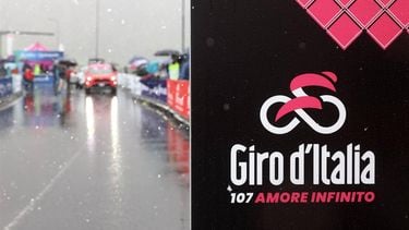 This photograph shows a Giro's placard at the start of the 16th stage of the 107th Giro d'Italia cycling race, 206km between Livigno and Santa Cristina Val Gardena on May 21, 2024. Due to bad weather condition, the route changes and the start will take place in Prati allo Stelvio.
Luca Bettini / AFP