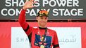 Lidl-Trek team's Italian rider Jonathan Milan celebrates on the podium after winning the first stage of the UAE Tour cycling race from Shams Solar Power Station Madinat Zayed to Liwa Palace in Abu Dhabi on February 17, 2025. 
Giuseppe CACACE / AFP